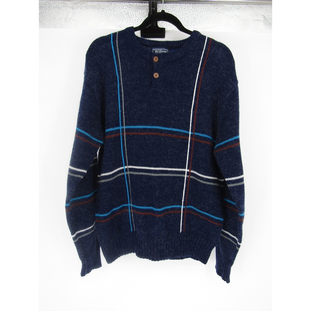 Willow‎ Bay Sweater Mens XL Navy Blue Good Henley Plaid Acrylic Wool Vintage 90s